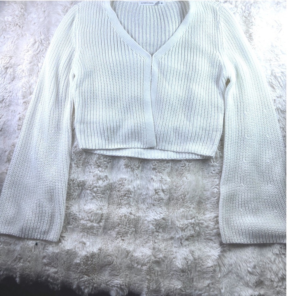 Altar'd State White Cropped Ribbed Bell Sleeve Cardigan Sweater Womens Sz M A29